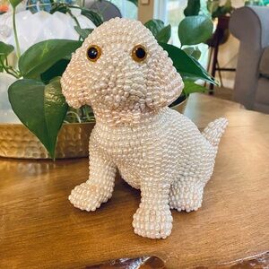 VTG Freshwater Pearl Sitting Dog Poodle Figurine Statuette w Pale Pink Bow Tie